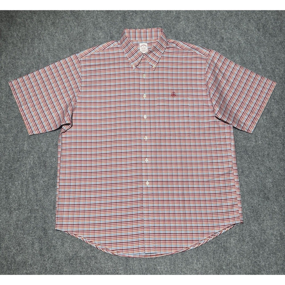 Brooks Brothers 1818 Men XL Red Plaid Short Sleeve Non-Iron Supima Button Down